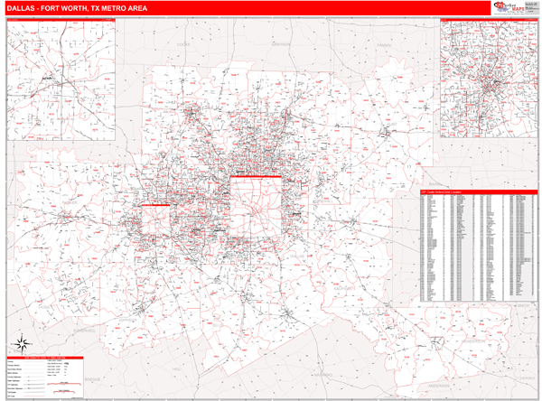 Dallas-Ft. Worth Texas Zip Code Wall Map (Red Line Style) By MarketMAPS ...